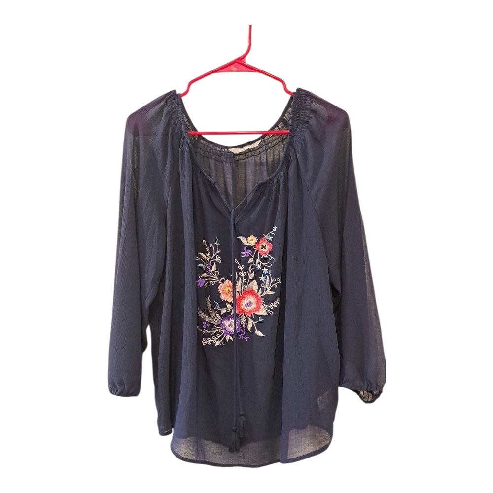 Daisy Fuentes floral Embroidered tunic top casual Navy Blue size L